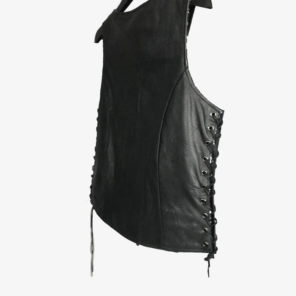 Unik Premium Women Sz M Black Leather Snap Front Vest Side Laces Paisley Liner - Picture 9 of 16